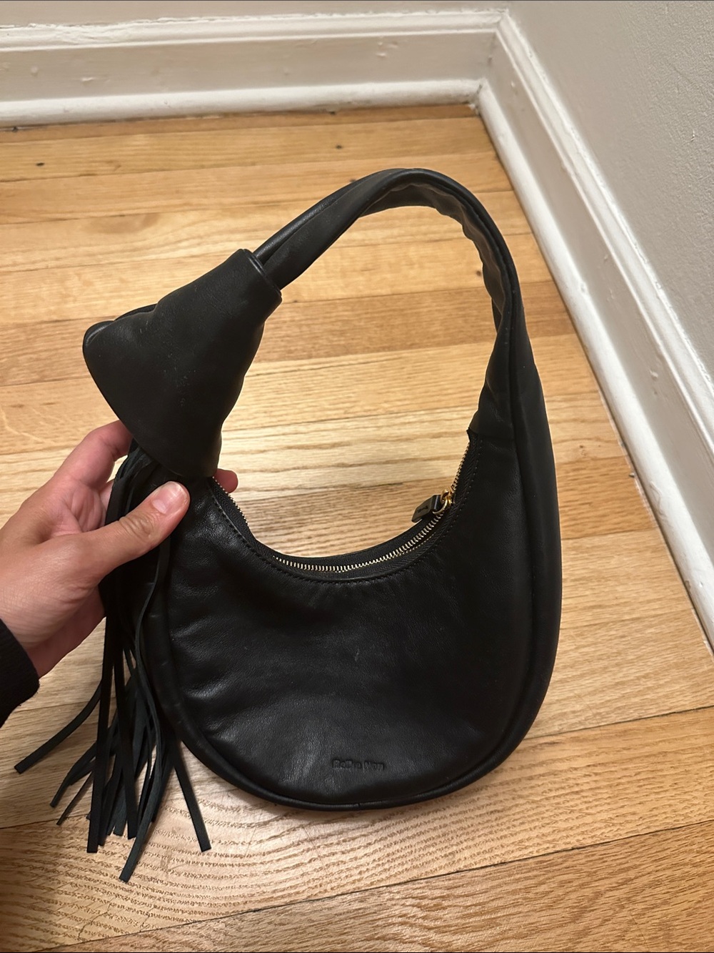Black Leather Mini Hobo Bag with Tassel - Reike Nen